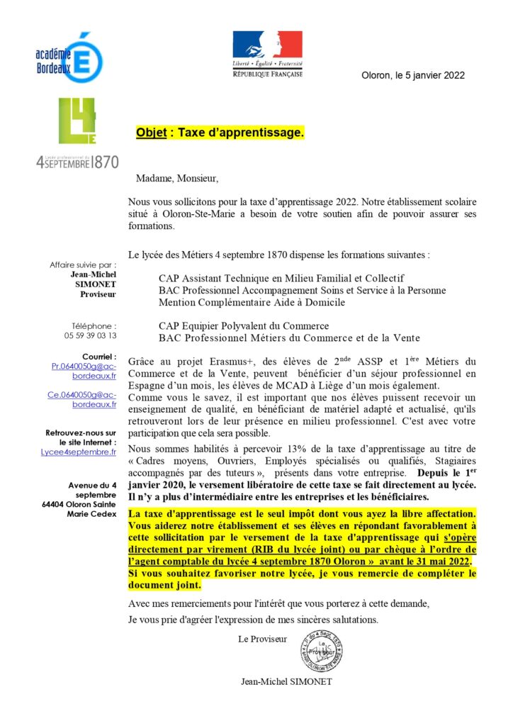 Lyc E Septembre Taxe D Apprentissage